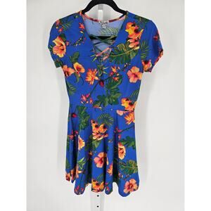 J for Justify Women's Blue Floral Criss-Cross Neck Fit & Flare Mini Dress Size M